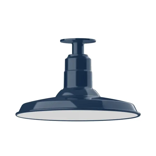 The Flush Mount Ceiling Light mounts close to the ceiling allowing for maximum head room. Ours are UL wet rated for outdoor use on a front porch, or in an entryway, and work well for interior use in the kitchen, hallway, bedroom, or bathroom. The Warehouse shade is our most popular shade style, and we offer in a variety of sizes. Collection: Warehouse Finish: Navy Glass: 14 inch Warehouse Width: 14.00" Height: 8.75" Length: 14.00" Weight: 10.00 lb Canopy: 4.125" diameter Number of Bulbs: 1 Maximum Wattage: 15.00 W Light Source: LED Light Output: 1200.00 lm Color Temperature: 3000 K CRI: 90 Dimmable Rated Average Life: 50,000 Voltage: 120.00 V Country of Origin: US Safety Listing: UL/cUL Safety Rating: Wet Dark Sky LED Manufacturer Warranty: 1-year limited warranty on the fixture.