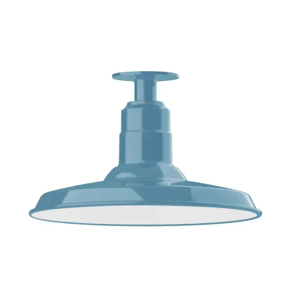 The Flush Mount Ceiling Light mounts close to the ceiling allowing for maximum head room. Ours are UL wet rated for outdoor use on a front porch, or in an entryway, and work well for interior use in the kitchen, hallway, bedroom, or bathroom. The Warehouse shade is our most popular shade style, and we offer in a variety of sizes. Collection: Warehouse Finish: Light Blue Glass: 14 inch Warehouse Notes: Option (1) A19 LED and 3-Integrated 8W, 10W, 15W Width: 14.00" Height: 8.75" Length: 14.00" Weight: 10.00 lb Canopy: 4.125" diameter Number of Bulbs: 1 Maximum Wattage: 100.00 W Bulb Type: A19 Bulb Base: E26 Medium Light Source: Incandescent or LED equivalent Dimmable Voltage: 120.00 V Country of Origin: US Safety Listing: UL/cUL Safety Rating: Wet Dark Sky LED Manufacturer Warranty: 1-year limited warranty on the fixture.