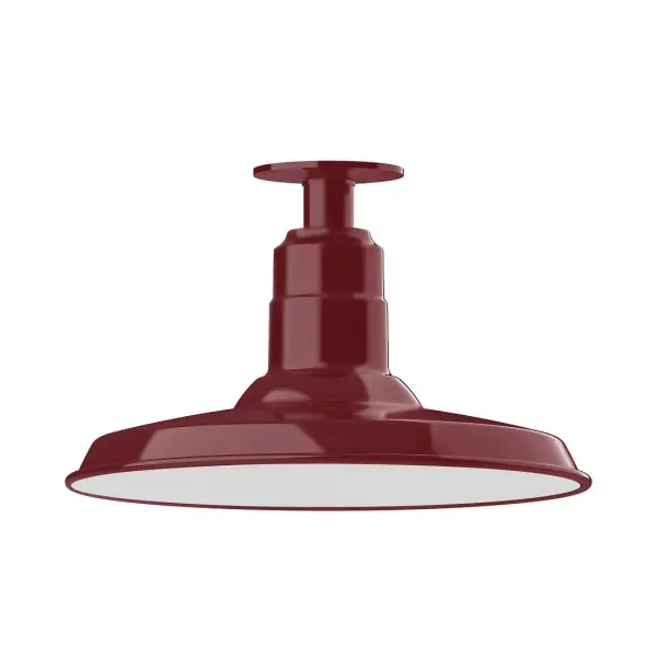 The Flush Mount Ceiling Light mounts close to the ceiling allowing for maximum head room. Ours are UL wet rated for outdoor use on a front porch, or in an entryway, and work well for interior use in the kitchen, hallway, bedroom, or bathroom. The Warehouse shade is our most popular shade style, and we offer in a variety of sizes. Collection: Warehouse Finish: Barn Red Glass: 14 inch Warehouse Width: 14.00" Height: 8.75" Length: 14.00" Weight: 10.00 lb Canopy: 4.125" diameter Number of Bulbs: 1 Maximum Wattage: 15.00 W Bulb Type: E26 Light Source: LED Light Output: 1200.00 lm Color Temperature: 3000 K CRI: 90 Dimmable Rated Average Life: 50,000 Voltage: 120.00 V Country of Origin: US Safety Listing: UL/cUL Safety Rating: Wet Dark Sky LED Manufacturer Warranty: 1-year limited warranty on the fixture.