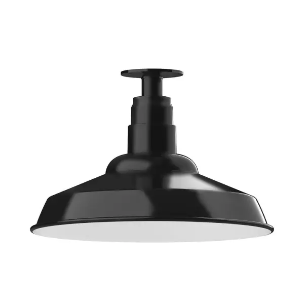 The Flush Mount Ceiling Light mounts close to the ceiling allowing for maximum head room. Ours are UL wet rated for outdoor use on a front porch, or in an entryway, and work well for interior use in the kitchen, hallway, bedroom, or bathroom. The Warehouse shade is our most popular shade style, and we offer in a variety of sizes. Collection: Warehouse Finish: Black Glass: 16 inch Warehouse Width: 16.00" Height: 10.75" Length: 16.00" Weight: 12.00 lb Canopy: 4.125" diameter Number of Bulbs: 1 Maximum Wattage: 15.00 W Light Source: LED Light Output: 1200.00 lm Color Temperature: 3000 K CRI: 90 Dimmable Rated Average Life: 50,000 Voltage: 120.00 V Country of Origin: US Safety Listing: UL/cUL Safety Rating: Wet Dark Sky LED Manufacturer Warranty: 1-year limited warranty on the fixture.