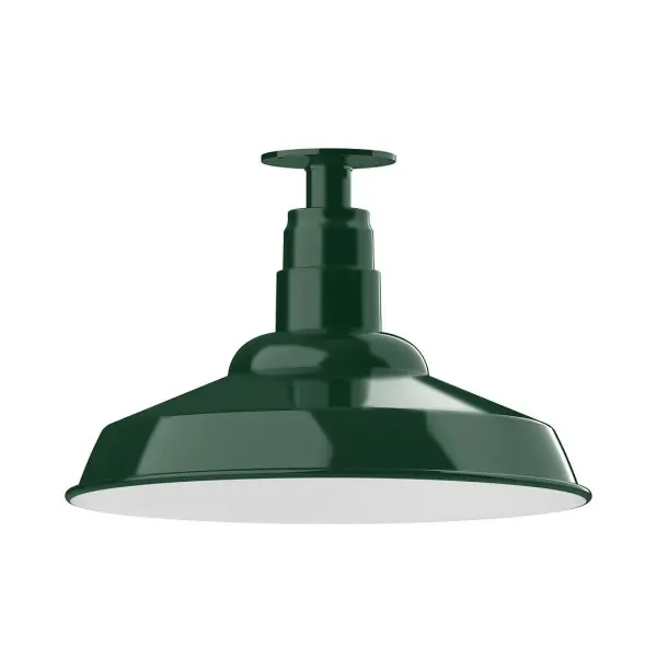 The Flush Mount Ceiling Light mounts close to the ceiling allowing for maximum head room. Ours are UL wet rated for outdoor use on a front porch, or in an entryway, and work well for interior use in the kitchen, hallway, bedroom, or bathroom. The Warehouse shade is our most popular shade style, and we offer in a variety of sizes. Collection: Warehouse Finish: Forest Green Glass: 16 inch Warehouse Notes: Option (1) A19 LED and 3-Integrated 8W, 10W, 15W Width: 16.00" Height: 10.75" Length: 16.00" Weight: 12.00 lb Canopy: 4.125" diameter Number of Bulbs: 1 Maximum Wattage: 100.00 W Bulb Type: A19 Bulb Base: E26 Medium Light Source: Incandescent or LED equivalent Dimmable Voltage: 120.00 V Country of Origin: US Safety Listing: UL/cUL Safety Rating: Wet Dark Sky LED Manufacturer Warranty: 1-year limited warranty on the fixture.