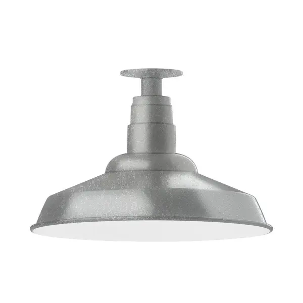 The Flush Mount Ceiling Light mounts close to the ceiling allowing for maximum head room. Ours are UL wet rated for outdoor use on a front porch, or in an entryway, and work well for interior use in the kitchen, hallway, bedroom, or bathroom. The Warehouse shade is our most popular shade style, and we offer in a variety of sizes. Collection: Warehouse Finish: Painted Galvanized Glass: 16 inch Warehouse Notes: Option (1) A19 LED and 3-Integrated 8W, 10W, 15W Width: 16.00" Height: 10.75" Length: 16.00" Weight: 12.00 lb Canopy: 4.125" diameter Number of Bulbs: 1 Maximum Wattage: 100.00 W Bulb Type: A19 Bulb Base: E26 Medium Light Source: Incandescent or LED equivalent Dimmable Voltage: 120.00 V Country of Origin: US Safety Listing: UL/cUL Safety Rating: Wet Dark Sky LED Manufacturer Warranty: 1-year limited warranty on the fixture.
