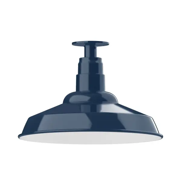 The Flush Mount Ceiling Light mounts close to the ceiling allowing for maximum head room. Ours are UL wet rated for outdoor use on a front porch, or in an entryway, and work well for interior use in the kitchen, hallway, bedroom, or bathroom. The Warehouse shade is our most popular shade style, and we offer in a variety of sizes. Collection: Warehouse Finish: Navy Glass: 16 inch Warehouse Width: 16.00" Height: 10.75" Length: 16.00" Weight: 12.00 lb Canopy: 4.125" diameter Number of Bulbs: 1 Maximum Wattage: 15.00 W Bulb Type: LED Light Source: LED Light Output: 1200.00 lm Color Temperature: 3000 K CRI: 90 Dimmable Rated Average Life: 50,000 Voltage: 120.00 V Country of Origin: US Safety Listing: UL/cUL Safety Rating: Wet Dark Sky LED Manufacturer Warranty: 1-year limited warranty on the fixture.