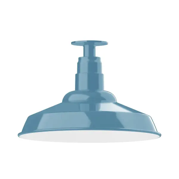 The Flush Mount Ceiling Light mounts close to the ceiling allowing for maximum head room. Ours are UL wet rated for outdoor use on a front porch, or in an entryway, and work well for interior use in the kitchen, hallway, bedroom, or bathroom. The Warehouse shade is our most popular shade style, and we offer in a variety of sizes. Collection: Warehouse Finish: Light Blue Glass: 16 inch Warehouse Notes: Option (1) A19 LED and 3-Integrated 8W, 10W, 15W Width: 16.00" Height: 10.75" Length: 16.00" Weight: 12.00 lb Canopy: 4.125" diameter Number of Bulbs: 1 Maximum Wattage: 100.00 W Bulb Type: A19 Bulb Base: E26 Medium Light Source: Incandescent or LED equivalent Dimmable Voltage: 120.00 V Country of Origin: US Safety Listing: UL/cUL Safety Rating: Wet Dark Sky LED Manufacturer Warranty: 1-year limited warranty on the fixture.