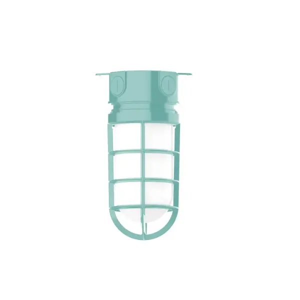 The Flush Mount Ceiling Light mounts close to the ceiling allowing for maximum head room. Ours are UL wet rated for outdoor use on a front porch, or in an entryway, and work well for interior use in the kitchen, hallway, bedroom, or bathroom. Our weathertight glass and guard will protect your light source from damage in a storm, as well as light your way in great nautical style. Collection: Vaportite Finish: Sea Green Glass: 5 1/2 inch Vaportite Notes: Option (1) A19 LED and 1-Integrated 8W Width: 5.50" Height: 9.50" Length: 5.50" Weight: 8.00 lb Canopy: 5.5" diameter Number of Bulbs: 1 Maximum Wattage: 100.00 W Bulb Type: A19 Bulb Base: E26 Medium Light Source: Incandescent or LED equivalent Dimmable Voltage: 120.00 V Country of Origin: US Safety Listing: UL/cUL Safety Rating: Wet Dark Sky LED Manufacturer Warranty: 1-year limited warranty on the fixture.