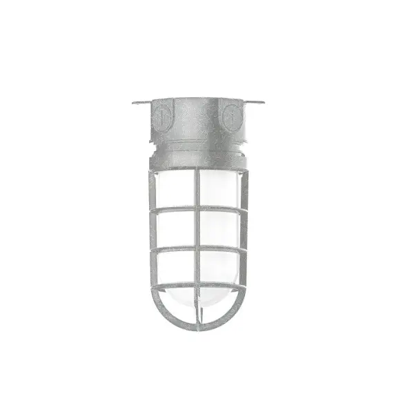 The Flush Mount Ceiling Light mounts close to the ceiling allowing for maximum head room. Ours are UL wet rated for outdoor use on a front porch, or in an entryway, and work well for interior use in the kitchen, hallway, bedroom, or bathroom. Our weathertight glass and guard will protect your light source from damage in a storm, as well as light your way in great nautical style. Collection: Vaportite Finish: Painted Galvanized Glass: 5 1/2 inch Vaportite Notes: Option (1) A19 LED and 1-Integrated 8W Width: 5.50" Height: 9.50" Length: 5.50" Weight: 8.00 lb Canopy: 5.5" diameter Number of Bulbs: 1 Maximum Wattage: 100.00 W Bulb Type: A19 Bulb Base: E26 Medium Light Source: Incandescent or LED equivalent Dimmable Voltage: 120.00 V Country of Origin: US Safety Listing: UL/cUL Safety Rating: Wet Dark Sky LED Manufacturer Warranty: 1-year limited warranty on the fixture.