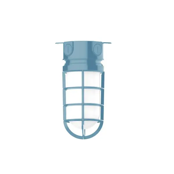 The Flush Mount Ceiling Light mounts close to the ceiling allowing for maximum head room. Ours are UL wet rated for outdoor use on a front porch, or in an entryway, and work well for interior use in the kitchen, hallway, bedroom, or bathroom. Our weathertight glass and guard will protect your light source from damage in a storm, as well as light your way in great nautical style. Collection: Vaportite Finish: Light Blue Glass: 5 1/2 inch Vaportite Notes: Option (1) A19 LED and 1-Integrated 8W Width: 5.50" Height: 9.50" Length: 5.50" Weight: 8.00 lb Canopy: 5.5" diameter Number of Bulbs: 1 Maximum Wattage: 100.00 W Bulb Type: A19 Bulb Base: E26 Medium Light Source: Incandescent or LED equivalent Dimmable Voltage: 120.00 V Country of Origin: US Safety Listing: UL/cUL Safety Rating: Wet Dark Sky LED Manufacturer Warranty: 1-year limited warranty on the fixture.