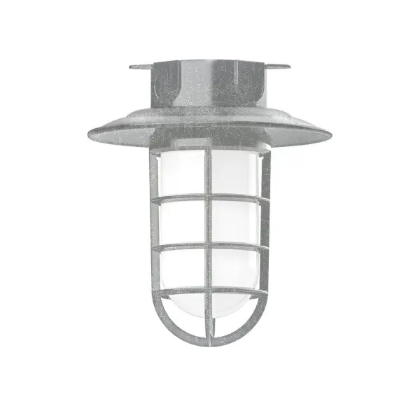 The Flush Mount Ceiling Light mounts close to the ceiling allowing for maximum head room. Ours are UL wet rated for outdoor use on a front porch, or in an entryway, and work well for interior use in the kitchen, hallway, bedroom, or bathroom. Our weathertight glass and guard will protect your light source from damage in a storm, as well as light your way in great nautical style. Collection: Vaportite Finish: Painted Galvanized Glass: 8.25 inch Vaportite Notes: Option (1) A19 LED and 1-Integrated 8W Width: 8.25" Height: 9.50" Length: 8.25" Weight: 8.00 lb Canopy: 5.5" diameter Number of Bulbs: 1 Maximum Wattage: 100.00 W Bulb Type: A19 Bulb Base: E26 Medium Light Source: Incandescent or LED equivalent Dimmable Voltage: 120.00 V Country of Origin: US Safety Listing: UL/cUL Safety Rating: Wet Dark Sky LED Manufacturer Warranty: 1-year limited warranty on the fixture.