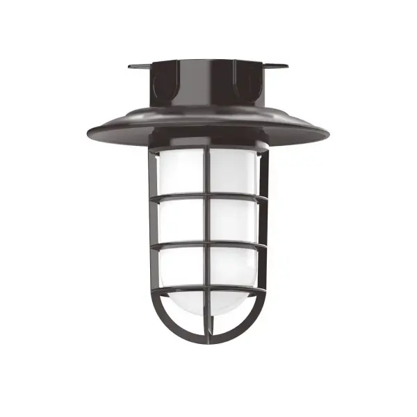 The Flush Mount Ceiling Light mounts close to the ceiling allowing for maximum head room. Ours are UL wet rated for outdoor use on a front porch, or in an entryway, and work well for interior use in the kitchen, hallway, bedroom, or bathroom. Our weathertight glass and guard will protect your light source from damage in a storm, as well as light your way in great nautical style. Collection: Vaportite Finish: Architectural Bronze Glass: 8.25 inch Vaportite Notes: Option (1) A19 LED and 1-Integrated 8W Width: 8.25" Height: 9.50" Length: 8.25" Weight: 8.00 lb Canopy: 5.5" diameter Number of Bulbs: 1 Maximum Wattage: 100.00 W Bulb Type: A19 Bulb Base: E26 Medium Light Source: Incandescent or LED equivalent Dimmable Voltage: 120.00 V Country of Origin: US Safety Listing: UL/cUL Safety Rating: Wet Dark Sky LED Manufacturer Warranty: 1-year limited warranty on the fixture.
