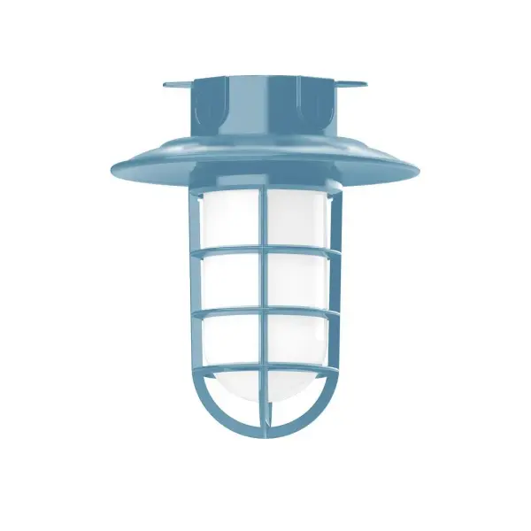 The Flush Mount Ceiling Light mounts close to the ceiling allowing for maximum head room. Ours are UL wet rated for outdoor use on a front porch, or in an entryway, and work well for interior use in the kitchen, hallway, bedroom, or bathroom. Our weathertight glass and guard will protect your light source from damage in a storm, as well as light your way in great nautical style. Collection: Vaportite Finish: Light Blue Glass: 8.25 inch Vaportite Notes: Option (1) A19 LED and 1-Integrated 8W Width: 8.25" Height: 9.50" Length: 8.25" Weight: 8.00 lb Canopy: 5.5" diameter Number of Bulbs: 1 Maximum Wattage: 100.00 W Bulb Type: A19 Bulb Base: E26 Medium Light Source: Incandescent or LED equivalent Dimmable Voltage: 120.00 V Country of Origin: US Safety Listing: UL/cUL Safety Rating: Wet Dark Sky LED Manufacturer Warranty: 1-year limited warranty on the fixture.