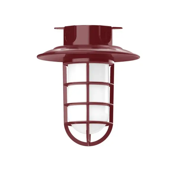 The Flush Mount Ceiling Light mounts close to the ceiling allowing for maximum head room. Ours are UL wet rated for outdoor use on a front porch, or in an entryway, and work well for interior use in the kitchen, hallway, bedroom, or bathroom. Our weathertight glass and guard will protect your light source from damage in a storm, as well as light your way in great nautical style. Collection: Vaportite Finish: Barn Red Glass: 8.25 inch Vaportite Notes: Option (1) A19 LED and 1-Integrated 8W Width: 8.25" Height: 9.50" Length: 8.25" Weight: 8.00 lb Canopy: 5.5" diameter Number of Bulbs: 1 Maximum Wattage: 100.00 W Bulb Type: A19 Bulb Base: E26 Medium Light Source: Incandescent or LED equivalent Dimmable Voltage: 120.00 V Country of Origin: US Safety Listing: UL/cUL Safety Rating: Wet Dark Sky LED Manufacturer Warranty: 1-year limited warranty on the fixture.