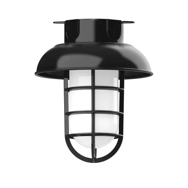 The Flush Mount Ceiling Light mounts close to the ceiling allowing for maximum head room. Ours are UL wet rated for outdoor use on a front porch, or in an entryway, and work well for interior use in the kitchen, hallway, bedroom, or bathroom. Our weathertight glass and guard will protect your light source from damage in a storm, as well as light your way in great nautical style. Collection: Vaportite Finish: Black Glass: 8 inch Vaportite Notes: Option (1) A19 LED and 1-Integrated 8W Width: 8.00" Height: 9.50" Length: 8.00" Weight: 8.00 lb Canopy: 5.5" diameter Number of Bulbs: 1 Maximum Wattage: 100.00 W Bulb Type: A19 Bulb Base: E26 Medium Light Source: Incandescent or LED equivalent Dimmable Voltage: 120.00 V Country of Origin: US Safety Listing: UL/cUL Safety Rating: Wet Dark Sky LED Manufacturer Warranty: 1-year limited warranty on the fixture.