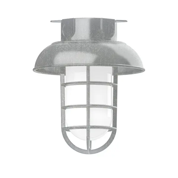 The Flush Mount Ceiling Light mounts close to the ceiling allowing for maximum head room. Ours are UL wet rated for outdoor use on a front porch, or in an entryway, and work well for interior use in the kitchen, hallway, bedroom, or bathroom. Our weathertight glass and guard will protect your light source from damage in a storm, as well as light your way in great nautical style. Collection: Vaportite Finish: Painted Galvanized Glass: 8 inch Vaportite Notes: Option (1) A19 LED and 1-Integrated 8W Width: 8.00" Height: 9.50" Length: 8.00" Weight: 8.00 lb Canopy: 5.5" diameter Number of Bulbs: 1 Maximum Wattage: 100.00 W Bulb Type: A19 Bulb Base: E26 Medium Light Source: Incandescent or LED equivalent Dimmable Voltage: 120.00 V Country of Origin: US Safety Listing: UL/cUL Safety Rating: Wet Dark Sky LED Manufacturer Warranty: 1-year limited warranty on the fixture.