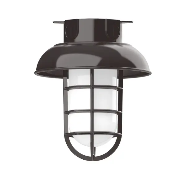 The Flush Mount Ceiling Light mounts close to the ceiling allowing for maximum head room. Ours are UL wet rated for outdoor use on a front porch, or in an entryway, and work well for interior use in the kitchen, hallway, bedroom, or bathroom. Our weathertight glass and guard will protect your light source from damage in a storm, as well as light your way in great nautical style. Collection: Vaportite Finish: Architectural Bronze Glass: 8 inch Vaportite Notes: Option (1) A19 LED and 1-Integrated 8W Width: 8.00" Height: 9.50" Length: 8.00" Weight: 8.00 lb Canopy: 5.5" diameter Number of Bulbs: 1 Maximum Wattage: 100.00 W Bulb Type: A19 Bulb Base: E26 Medium Light Source: Incandescent or LED equivalent Dimmable Voltage: 120.00 V Country of Origin: US Safety Listing: UL/cUL Safety Rating: Wet Dark Sky LED Manufacturer Warranty: 1-year limited warranty on the fixture.