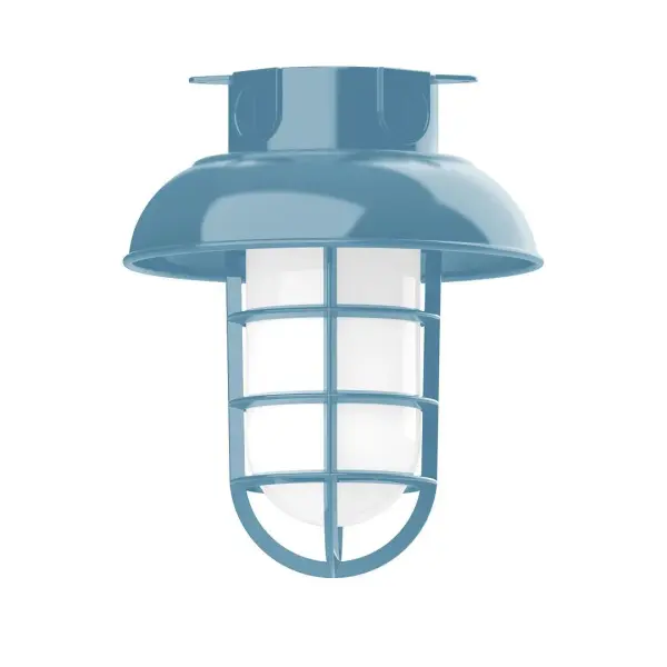 The Flush Mount Ceiling Light mounts close to the ceiling allowing for maximum head room. Ours are UL wet rated for outdoor use on a front porch, or in an entryway, and work well for interior use in the kitchen, hallway, bedroom, or bathroom. Our weathertight glass and guard will protect your light source from damage in a storm, as well as light your way in great nautical style. Collection: Vaportite Finish: Light Blue Glass: 8 inch Vaportite Notes: Option (1) A19 LED and 1-Integrated 8W Width: 8.00" Height: 9.50" Length: 8.00" Weight: 8.00 lb Canopy: 5.5" diameter Number of Bulbs: 1 Maximum Wattage: 100.00 W Bulb Type: A19 Bulb Base: E26 Medium Light Source: Incandescent or LED equivalent Dimmable Voltage: 120.00 V Country of Origin: US Safety Listing: UL/cUL Safety Rating: Wet Dark Sky LED Manufacturer Warranty: 1-year limited warranty on the fixture.