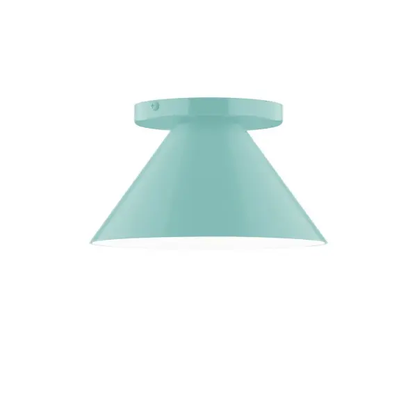Pinnacle, a contemporary series of basic spun geometric shapes, is simply configured for interior use. Colorful and clean-lined, these axially symmetric shapes will add pizzazz to your space. Collection: Pinnacle Finish: Sea Green Glass: 8 inch Pinnacle Width: 8.00" Height: 4.63" Length: 8.00" Weight: 4.00 lb Canopy: 5" diameter Number of Bulbs: 1 Maximum Wattage: 8.00 W Bulb Type: LED Light Source: LED Light Output: 800.00 lm Color Temperature: 3000 K CRI: 90 Dimmable Rated Average Life: 50,000 Voltage: 120.00 V Country of Origin: US Safety Listing: UL/cUL Safety Rating: Dry LED Manufacturer Warranty: 1-year limited warranty on the fixture.