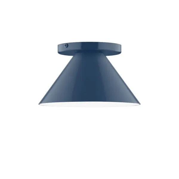 Pinnacle, a contemporary series of basic spun geometric shapes, is simply configured for interior use. Colorful and clean-lined, these axially symmetric shapes will add pizzazz to your space. Collection: Pinnacle Finish: Navy Glass: 8 inch Pinnacle Width: 8.00" Height: 4.63" Length: 8.00" Weight: 4.00 lb Canopy: 5" diameter Number of Bulbs: 1 Maximum Wattage: 8.00 W Bulb Type: LED Light Source: LED Light Output: 800.00 lm Color Temperature: 3000 K CRI: 90 Dimmable Rated Average Life: 50,000 Voltage: 120.00 V Country of Origin: US Safety Listing: UL/cUL Safety Rating: Dry LED Manufacturer Warranty: 1-year limited warranty on the fixture.