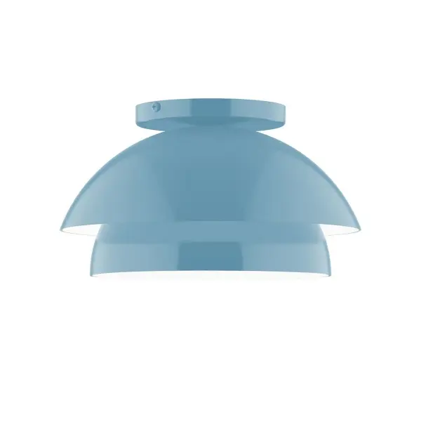 Nest is a playful series of stacked and nested dome shades. Offered in a host of finishes, Nest will be a bright and cheery addition to your interior décor Collection: Nest Finish: Light Blue Glass: 10 inch Nest Width: 10.00" Height: 5.63" Length: 10.00" Weight: 6.00 lb Canopy: 5" diameter Number of Bulbs: 1 Maximum Wattage: 8.00 W Bulb Type: E26 Light Source: LED Light Output: 800.00 lm Color Temperature: 3000 K CRI: 90 Dimmable Rated Average Life: 50,000 Voltage: 120.00 V Country of Origin: US Safety Listing: UL/cUL Safety Rating: Dry LED Manufacturer Warranty: 1-year limited warranty on the fixture.