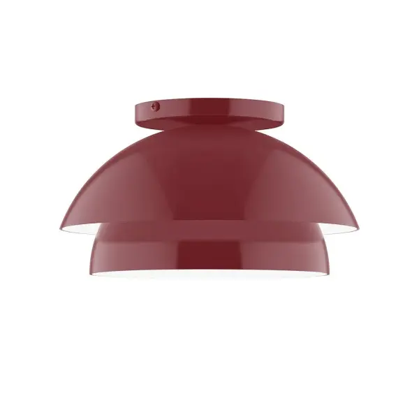 Nest is a playful series of stacked and nested dome shades. Offered in a host of finishes, Nest will be a bright and cheery addition to your interior décor Collection: Nest Finish: Barn Red Glass: 10 inch Nest Width: 10.00" Height: 5.63" Length: 10.00" Weight: 6.00 lb Canopy: 5" diameter Number of Bulbs: 1 Maximum Wattage: 8.00 W Bulb Type: E26 Light Source: LED Light Output: 800.00 lm Color Temperature: 3000 K CRI: 90 Dimmable Rated Average Life: 50,000 Voltage: 120.00 V Country of Origin: US Safety Listing: UL/cUL Safety Rating: Dry LED Manufacturer Warranty: 1-year limited warranty on the fixture.