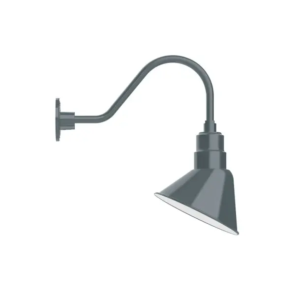 Our outdoor wall lights, inspired by 1920's industrial lighting, in classic gooseneck arm styles are great for use as sign or awning lights, garage or barn lights. This vintage look works well indoors also, our smallest sizes will illuminate a restaurant menu board, bookcase, or shelving unit. The Angle shade is designed and mounted so that it illuminates the surface to which it is mounted. Collection: Angle Finish: Slate Gray Glass: 10 inch Angle Notes: Option (1) A19 LED and 3-Integrated 8W, 10W, 15W Width: 9.06" Height: 19.31" Length: 19.56" Weight: 3.00 lb Extension from Wall: 19.56" Canopy: 4.625" diameter Number of Bulbs: 1 Maximum Wattage: 100.00 W Bulb Type: A19 Bulb Base: E26 Medium Light Source: Incandescent or LED equivalent Dimmable Voltage: 120.00 V Country of Origin: US Safety Listing: UL/cUL Safety Rating: Wet Dark Sky LED Manufacturer Warranty: 1-year limited warranty on the fixture.