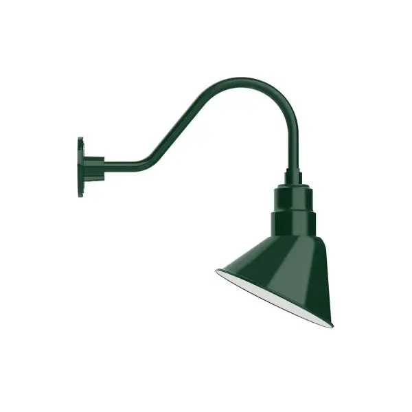 Our outdoor wall lights, inspired by 1920's industrial lighting, in classic gooseneck arm styles are great for use as sign or awning lights, garage or barn lights. This vintage look works well indoors also, our smallest sizes will illuminate a restaurant menu board, bookcase, or shelving unit. The Angle shade is designed and mounted so that it illuminates the surface to which it is mounted. Collection: Angle Finish: Forest Green Glass: 10 inch Angle Notes: Option (1) A19 LED and 3-Integrated 8W, 10W, 15W Width: 9.06" Height: 19.31" Length: 19.56" Weight: 3.00 lb Extension from Wall: 19.56" Canopy: 4.625" diameter Number of Bulbs: 1 Maximum Wattage: 100.00 W Bulb Type: A19 Bulb Base: E26 Medium Light Source: Incandescent or LED equivalent Dimmable Voltage: 120.00 V Country of Origin: US Safety Listing: UL/cUL Safety Rating: Wet Dark Sky LED Manufacturer Warranty: 1-year limited warranty on the fixture.