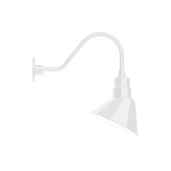 Our outdoor wall lights, inspired by 1920's industrial lighting, in classic gooseneck arm styles are great for use as sign or awning lights, garage or barn lights. This vintage look works well indoors also, our smallest sizes will illuminate a restaurant menu board, bookcase, or shelving unit. The Angle shade is designed and mounted so that it illuminates the surface to which it is mounted. Collection: Angle Finish: White Glass: 10 inch Angle Width: 9.06" Height: 19.31" Length: 19.56" Weight: 3.00 lb Extension from Wall: 19.56" Canopy: 4.625" diameter Number of Bulbs: 1 Maximum Wattage: 10.00 W Light Source: LED Light Output: 800.00 lm Color Temperature: 2700 K CRI: 90 Dimmable Rated Average Life: 50,000 Voltage: 120.00 V Country of Origin: US Safety Listing: UL/cUL Safety Rating: Wet Dark Sky LED Manufacturer Warranty: 1-year limited warranty on the fixture.