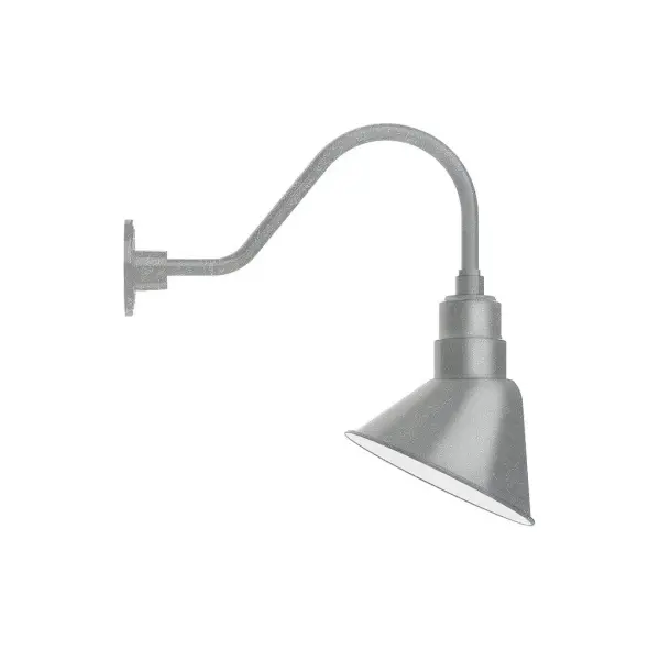 Our outdoor wall lights, inspired by 1920's industrial lighting, in classic gooseneck arm styles are great for use as sign or awning lights, garage or barn lights. This vintage look works well indoors also, our smallest sizes will illuminate a restaurant menu board, bookcase, or shelving unit. The Angle shade is designed and mounted so that it illuminates the surface to which it is mounted. Collection: Angle Finish: Painted Galvanized Glass: 10 inch Angle Width: 9.06" Height: 19.31" Length: 19.56" Weight: 3.00 lb Extension from Wall: 19.56" Canopy: 4.625" diameter Number of Bulbs: 1 Maximum Wattage: 10.00 W Light Source: LED Light Output: 800.00 lm Color Temperature: 2700 K CRI: 90 Dimmable Rated Average Life: 50,000 Voltage: 120.00 V Country of Origin: US Safety Listing: UL/cUL Safety Rating: Wet Dark Sky LED Manufacturer Warranty: 1-year limited warranty on the fixture.