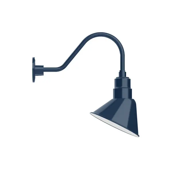 Our outdoor wall lights, inspired by 1920's industrial lighting, in classic gooseneck arm styles are great for use as sign or awning lights, garage or barn lights. This vintage look works well indoors also, our smallest sizes will illuminate a restaurant menu board, bookcase, or shelving unit. The Angle shade is designed and mounted so that it illuminates the surface to which it is mounted. Collection: Angle Finish: Navy Glass: 10 inch Angle Width: 9.06" Height: 19.31" Length: 19.56" Weight: 3.00 lb Extension from Wall: 19.56" Canopy: 4.625" diameter Number of Bulbs: 1 Maximum Wattage: 10.00 W Light Source: LED Light Output: 800.00 lm Color Temperature: 2700 K CRI: 90 Dimmable Rated Average Life: 50,000 Voltage: 120.00 V Country of Origin: US Safety Listing: UL/cUL Safety Rating: Wet Dark Sky LED Manufacturer Warranty: 1-year limited warranty on the fixture.