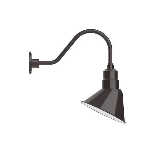 Our outdoor wall lights, inspired by 1920's industrial lighting, in classic gooseneck arm styles are great for use as sign or awning lights, garage or barn lights. This vintage look works well indoors also, our smallest sizes will illuminate a restaurant menu board, bookcase, or shelving unit. The Angle shade is designed and mounted so that it illuminates the surface to which it is mounted. Collection: Angle Finish: Architectural Bronze Glass: 10 inch Angle Notes: Option (1) A19 LED and 3-Integrated 8W, 10W, 15W Width: 9.06" Height: 19.31" Length: 19.56" Weight: 3.00 lb Extension from Wall: 19.56" Canopy: 4.625" diameter Number of Bulbs: 1 Maximum Wattage: 100.00 W Bulb Type: A19 Bulb Base: E26 Medium Light Source: Incandescent or LED equivalent Dimmable Voltage: 120.00 V Country of Origin: US Safety Listing: UL/cUL Safety Rating: Wet Dark Sky LED Manufacturer Warranty: 1-year limited warranty on the fixture.