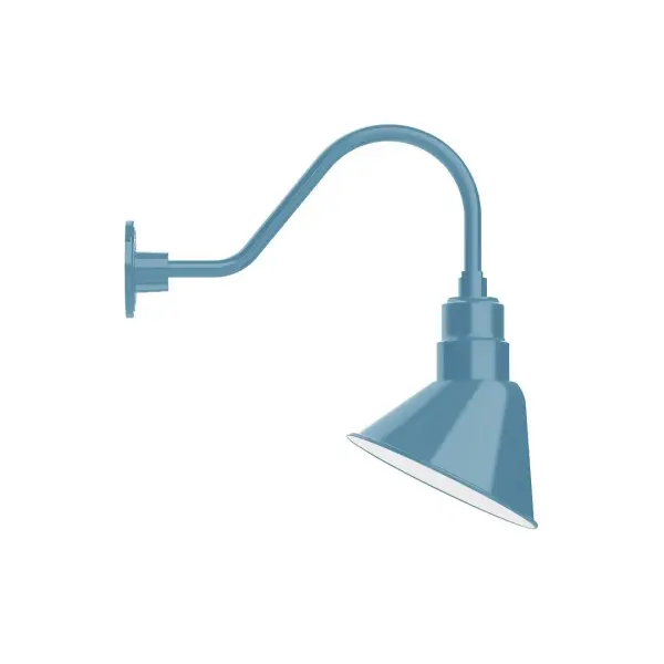 Our outdoor wall lights, inspired by 1920's industrial lighting, in classic gooseneck arm styles are great for use as sign or awning lights, garage or barn lights. This vintage look works well indoors also, our smallest sizes will illuminate a restaurant menu board, bookcase, or shelving unit. The Angle shade is designed and mounted so that it illuminates the surface to which it is mounted. Collection: Angle Finish: Light Blue Glass: 10 inch Angle Width: 9.06" Height: 19.31" Length: 19.56" Weight: 3.00 lb Extension from Wall: 19.56" Canopy: 4.625" diameter Number of Bulbs: 1 Maximum Wattage: 10.00 W Light Source: LED Light Output: 800.00 lm Color Temperature: 2700 K CRI: 90 Dimmable Rated Average Life: 50,000 Voltage: 120.00 V Country of Origin: US Safety Listing: UL/cUL Safety Rating: Wet Dark Sky LED Manufacturer Warranty: 1-year limited warranty on the fixture.