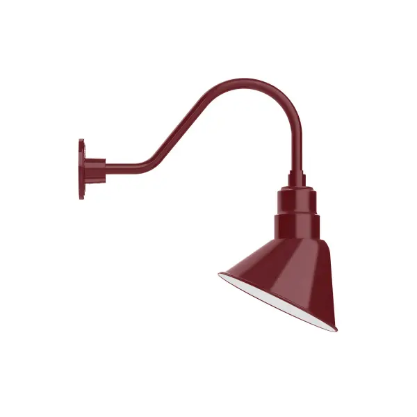 Our outdoor wall lights, inspired by 1920's industrial lighting, in classic gooseneck arm styles are great for use as sign or awning lights, garage or barn lights. This vintage look works well indoors also, our smallest sizes will illuminate a restaurant menu board, bookcase, or shelving unit. The Angle shade is designed and mounted so that it illuminates the surface to which it is mounted. Collection: Angle Finish: Barn Red Glass: 10 inch Angle Notes: Option (1) A19 LED and 3-Integrated 8W, 10W, 15W Width: 9.06" Height: 19.31" Length: 19.56" Weight: 3.00 lb Extension from Wall: 19.56" Canopy: 4.625" diameter Number of Bulbs: 1 Maximum Wattage: 100.00 W Bulb Type: A19 Bulb Base: E26 Medium Light Source: Incandescent or LED equivalent Dimmable Voltage: 120.00 V Country of Origin: US Safety Listing: UL/cUL Safety Rating: Wet Dark Sky LED Manufacturer Warranty: 1-year limited warranty on the fixture.