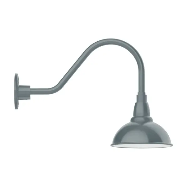 Our outdoor wall lights, inspired by 1920's industrial lighting, in classic gooseneck arm styles are great for use as sign or awning lights, garage or barn lights. This vintage look works well indoors also, our smallest sizes will illuminate a restaurant menu board, bookcase, or shelving unit. Our Cafe shades will help transform your outdoor living area into a warm and intimate gathering space. Collection: Cafe Finish: Slate Gray Glass: 8 inch Cafe Notes: Option (1) A19 LED and 3-Integrated 8W, 10W, 15W Width: 8.13" Height: 14.00" Length: 20.25" Weight: 8.00 lb Extension from Wall: 20.50" Canopy: 4.625" diameter Number of Bulbs: 1 Maximum Wattage: 100.00 W Bulb Type: A19 Bulb Base: E26 Medium Light Source: Incandescent or LED equivalent Dimmable Voltage: 120.00 V Country of Origin: US Safety Listing: UL/cUL Safety Rating: Wet Dark Sky LED Manufacturer Warranty: 1-year limited warranty on the fixture.