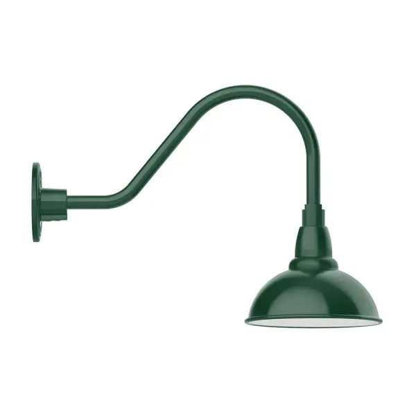Our outdoor wall lights, inspired by 1920's industrial lighting, in classic gooseneck arm styles are great for use as sign or awning lights, garage or barn lights. This vintage look works well indoors also, our smallest sizes will illuminate a restaurant menu board, bookcase, or shelving unit. Our Cafe shades will help transform your outdoor living area into a warm and intimate gathering space. Collection: Cafe Finish: Forest Green Glass: Clear Glass with Cast Guard Notes: Option (1) A19 LED and 3-Integrated 8W, 10W, 15W Width: 8.13" Height: 14.00" Length: 20.25" Weight: 8.00 lb Extension from Wall: 20.50" Canopy: 4.625" diameter Number of Bulbs: 1 Maximum Wattage: 100.00 W Bulb Type: A19 Bulb Base: E26 Medium Light Source: Incandescent or LED equivalent Dimmable Voltage: 120.00 V Country of Origin: US Safety Listing: UL/cUL Safety Rating: Wet Dark Sky LED Manufacturer Warranty: 1-year limited warranty on the fixture.