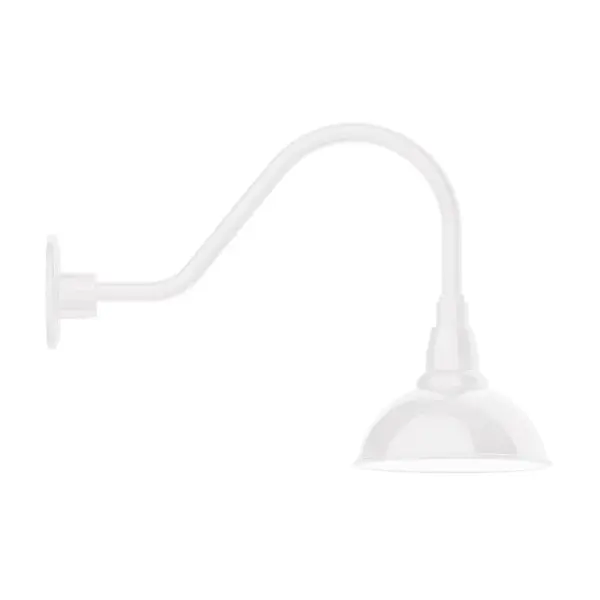 Our outdoor wall lights, inspired by 1920's industrial lighting, in classic gooseneck arm styles are great for use as sign or awning lights, garage or barn lights. This vintage look works well indoors also, our smallest sizes will illuminate a restaurant menu board, bookcase, or shelving unit. Our Cafe shades will help transform your outdoor living area into a warm and intimate gathering space. Collection: Cafe Finish: White Glass: 8 inch Cafe Width: 8.13" Height: 14.00" Length: 20.25" Weight: 8.00 lb Extension from Wall: 20.50" Canopy: 4.625" diameter Number of Bulbs: 1 Maximum Wattage: 8.00 W Light Source: LED Light Output: 800.00 lm Color Temperature: 3000 K CRI: 90 Dimmable Rated Average Life: 50,000 Voltage: 120.00 V Country of Origin: US Safety Listing: UL/cUL Safety Rating: Wet Dark Sky LED Manufacturer Warranty: 1-year limited warranty on the fixture.