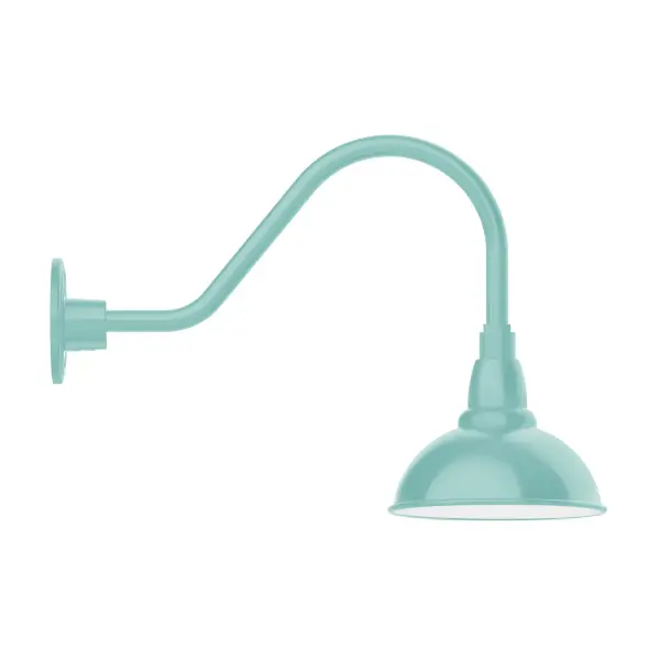 Our outdoor wall lights, inspired by 1920's industrial lighting, in classic gooseneck arm styles are great for use as sign or awning lights, garage or barn lights. This vintage look works well indoors also, our smallest sizes will illuminate a restaurant menu board, bookcase, or shelving unit. Our Cafe shades will help transform your outdoor living area into a warm and intimate gathering space. Collection: Cafe Finish: Sea Green Glass: 8 inch Cafe Notes: Option (1) A19 LED and 3-Integrated 8W, 10W, 15W Width: 8.13" Height: 14.00" Length: 20.25" Weight: 8.00 lb Extension from Wall: 20.50" Canopy: 4.625" diameter Number of Bulbs: 1 Maximum Wattage: 100.00 W Bulb Type: A19 Bulb Base: E26 Medium Light Source: Incandescent or LED equivalent Dimmable Voltage: 120.00 V Country of Origin: US Safety Listing: UL/cUL Safety Rating: Wet Dark Sky LED Manufacturer Warranty: 1-year limited warranty on the fixture.