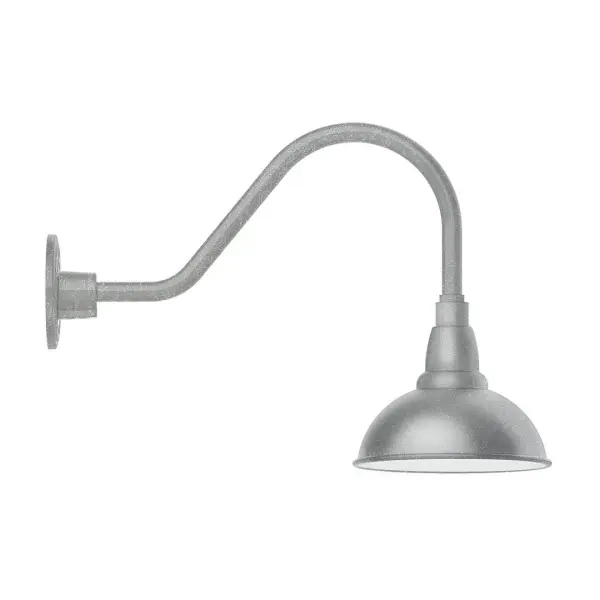 Our outdoor wall lights, inspired by 1920's industrial lighting, in classic gooseneck arm styles are great for use as sign or awning lights, garage or barn lights. This vintage look works well indoors also, our smallest sizes will illuminate a restaurant menu board, bookcase, or shelving unit. Our Cafe shades will help transform your outdoor living area into a warm and intimate gathering space. Collection: Cafe Finish: Painted Galvanized Glass: 8 inch Cafe Notes: Option (1) A19 LED and 3-Integrated 8W, 10W, 15W Width: 8.13" Height: 14.00" Length: 20.25" Weight: 8.00 lb Extension from Wall: 20.50" Canopy: 4.625" diameter Number of Bulbs: 1 Maximum Wattage: 100.00 W Bulb Type: A19 Bulb Base: E26 Medium Light Source: Incandescent or LED equivalent Dimmable Voltage: 120.00 V Country of Origin: US Safety Listing: UL/cUL Safety Rating: Wet Dark Sky LED Manufacturer Warranty: 1-year limited warranty on the fixture.