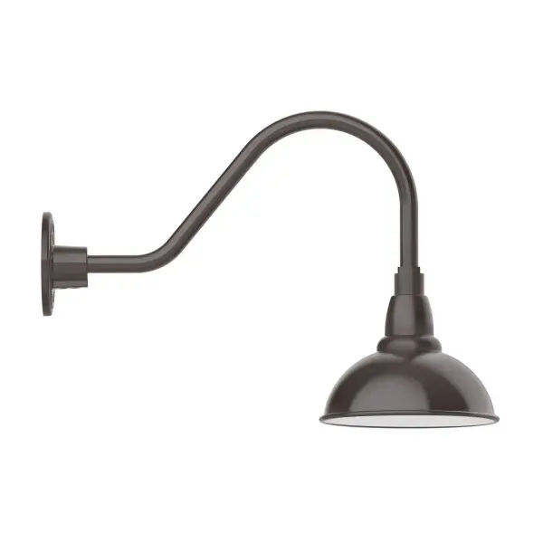Our outdoor wall lights, inspired by 1920's industrial lighting, in classic gooseneck arm styles are great for use as sign or awning lights, garage or barn lights. This vintage look works well indoors also, our smallest sizes will illuminate a restaurant menu board, bookcase, or shelving unit. Our Cafe shades will help transform your outdoor living area into a warm and intimate gathering space. Collection: Cafe Finish: Architectural Bronze Glass: Clear Glass with Cast Guard Notes: Option (1) A19 LED and 3-Integrated 8W, 10W, 15W Width: 8.13" Height: 14.00" Length: 20.25" Weight: 8.00 lb Extension from Wall: 20.50" Canopy: 4.625" diameter Number of Bulbs: 1 Maximum Wattage: 100.00 W Bulb Type: A19 Bulb Base: E26 Medium Light Source: Incandescent or LED equivalent Dimmable Voltage: 120.00 V Country of Origin: US Safety Listing: UL/cUL Safety Rating: Wet Dark Sky LED Manufacturer Warranty: 1-year limited warranty on the fixture.