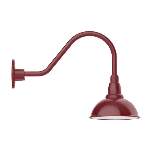 Our outdoor wall lights, inspired by 1920's industrial lighting, in classic gooseneck arm styles are great for use as sign or awning lights, garage or barn lights. This vintage look works well indoors also, our smallest sizes will illuminate a restaurant menu board, bookcase, or shelving unit. Our Cafe shades will help transform your outdoor living area into a warm and intimate gathering space. Collection: Cafe Finish: Barn Red Glass: 8 inch Cafe Width: 8.13" Height: 14.00" Length: 20.25" Weight: 8.00 lb Extension from Wall: 20.50" Canopy: 4.625" diameter Number of Bulbs: 1 Maximum Wattage: 8.00 W Light Source: LED Light Output: 800.00 lm Color Temperature: 3000 K CRI: 90 Dimmable Rated Average Life: 50,000 Voltage: 120.00 V Country of Origin: US Safety Listing: UL/cUL Safety Rating: Wet Dark Sky LED Manufacturer Warranty: 1-year limited warranty on the fixture.