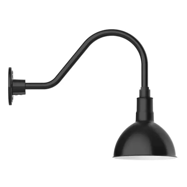 Our outdoor wall lights, inspired by 1920's industrial lighting, in classic gooseneck arm styles are great for use as sign or awning lights, garage or barn lights. This vintage look works well indoors also, our smallest sizes will illuminate a restaurant menu board, bookcase, or shelving unit. Our Deep Bowl shade, the ultimate domed reflector, is classic in shape and offers great light output. Collection: Deep Bowl Finish: Black Glass: 8 inch Deep Bowl Width: 8.00" Height: 15.75" Length: 20.50" Weight: 8.00 lb Extension from Wall: 20.50" Canopy: 4.625" diameter Number of Bulbs: 1 Maximum Wattage: 8.00 W Light Source: LED Light Output: 800.00 lm Color Temperature: 3000 K CRI: 90 Dimmable Rated Average Life: 50,000 Voltage: 120.00 V Country of Origin: US Safety Listing: UL/cUL Safety Rating: Wet Dark Sky LED Manufacturer Warranty: 1-year limited warranty on the fixture.
