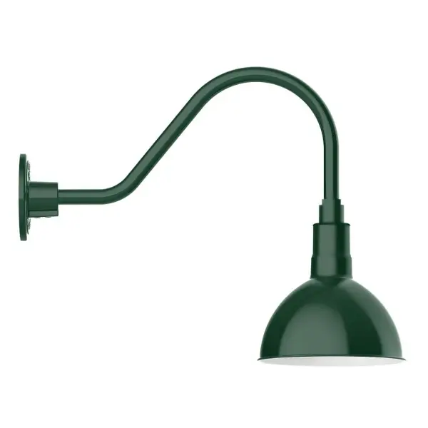 Our outdoor wall lights, inspired by 1920's industrial lighting, in classic gooseneck arm styles are great for use as sign or awning lights, garage or barn lights. This vintage look works well indoors also, our smallest sizes will illuminate a restaurant menu board, bookcase, or shelving unit. Our Deep Bowl shade, the ultimate domed reflector, is classic in shape and offers great light output. Collection: Deep Bowl Finish: Forest Green Glass: 8 inch Deep Bowl Notes: Option (1) A19 LED and 3-Integrated 8W, 10W, 15W Width: 8.00" Height: 15.75" Length: 20.50" Weight: 8.00 lb Extension from Wall: 20.50" Canopy: 4.625" diameter Number of Bulbs: 1 Maximum Wattage: 100.00 W Bulb Type: A19 Bulb Base: E26 Medium Light Source: Incandescent or LED equivalent Dimmable Voltage: 120.00 V Country of Origin: US Safety Listing: UL/cUL Safety Rating: Wet Dark Sky LED Manufacturer Warranty: 1-year limited warranty on the fixture.