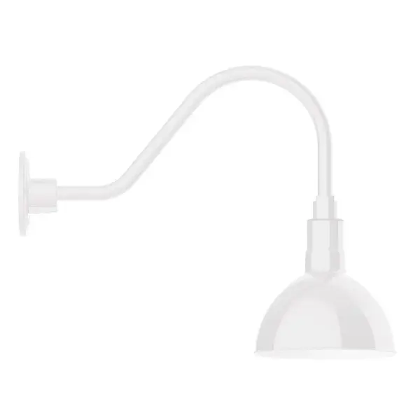 Our outdoor wall lights, inspired by 1920's industrial lighting, in classic gooseneck arm styles are great for use as sign or awning lights, garage or barn lights. This vintage look works well indoors also, our smallest sizes will illuminate a restaurant menu board, bookcase, or shelving unit. Our Deep Bowl shade, the ultimate domed reflector, is classic in shape and offers great light output. Collection: Deep Bowl Finish: White Glass: Clear Glass with Cast Guard Notes: Option (1) A19 LED and 3-Integrated 8W, 10W, 15W Width: 8.00" Height: 15.75" Length: 20.50" Weight: 8.00 lb Extension from Wall: 20.50" Canopy: 4.625" diameter Number of Bulbs: 1 Maximum Wattage: 100.00 W Bulb Type: A19 Bulb Base: E26 Medium Light Source: Incandescent or LED equivalent Dimmable Voltage: 120.00 V Country of Origin: US Safety Listing: UL/cUL Safety Rating: Wet Dark Sky LED Manufacturer Warranty: 1-year limited warranty on the fixture.
