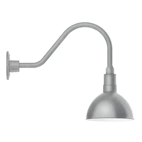 Our outdoor wall lights, inspired by 1920's industrial lighting, in classic gooseneck arm styles are great for use as sign or awning lights, garage or barn lights. This vintage look works well indoors also, our smallest sizes will illuminate a restaurant menu board, bookcase, or shelving unit. Our Deep Bowl shade, the ultimate domed reflector, is classic in shape and offers great light output. Collection: Deep Bowl Finish: Painted Galvanized Glass: Clear Glass with Cast Guard Notes: Option (1) A19 LED and 3-Integrated 8W, 10W, 15W Width: 8.00" Height: 15.75" Length: 20.50" Weight: 8.00 lb Extension from Wall: 20.50" Canopy: 4.625" diameter Number of Bulbs: 1 Maximum Wattage: 100.00 W Bulb Type: A19 Bulb Base: E26 Medium Light Source: Incandescent or LED equivalent Dimmable Voltage: 120.00 V Country of Origin: US Safety Listing: UL/cUL Safety Rating: Wet Dark Sky LED Manufacturer Warranty: 1-year limited warranty on the fixture.