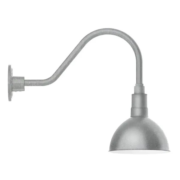 Our outdoor wall lights, inspired by 1920's industrial lighting, in classic gooseneck arm styles are great for use as sign or awning lights, garage or barn lights. This vintage look works well indoors also, our smallest sizes will illuminate a restaurant menu board, bookcase, or shelving unit. Our Deep Bowl shade, the ultimate domed reflector, is classic in shape and offers great light output. Collection: Deep Bowl Finish: Painted Galvanized Glass: 8 inch Deep Bowl Notes: Option (1) A19 LED and 3-Integrated 8W, 10W, 15W Width: 8.00" Height: 15.75" Length: 20.50" Weight: 8.00 lb Extension from Wall: 20.50" Canopy: 4.625" diameter Number of Bulbs: 1 Maximum Wattage: 100.00 W Bulb Type: A19 Bulb Base: E26 Medium Light Source: Incandescent or LED equivalent Dimmable Voltage: 120.00 V Country of Origin: US Safety Listing: UL/cUL Safety Rating: Wet Dark Sky LED Manufacturer Warranty: 1-year limited warranty on the fixture.