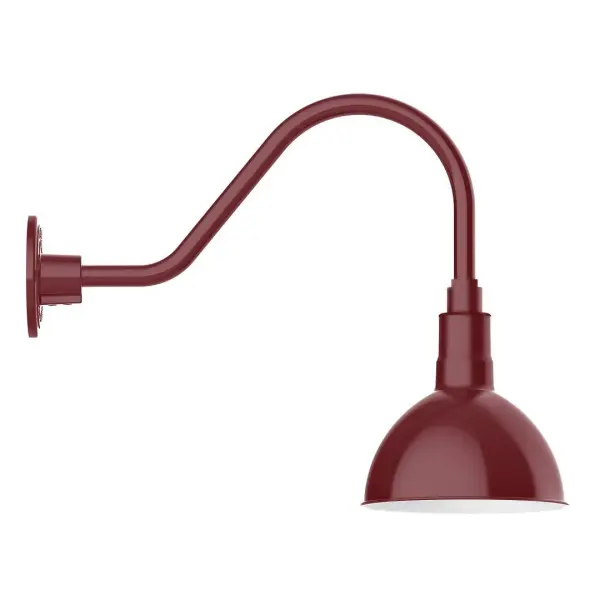 Our outdoor wall lights, inspired by 1920's industrial lighting, in classic gooseneck arm styles are great for use as sign or awning lights, garage or barn lights. This vintage look works well indoors also, our smallest sizes will illuminate a restaurant menu board, bookcase, or shelving unit. Our Deep Bowl shade, the ultimate domed reflector, is classic in shape and offers great light output. Collection: Deep Bowl Finish: Barn Red Glass: 8 inch Deep Bowl Width: 8.00" Height: 15.75" Length: 20.50" Weight: 8.00 lb Extension from Wall: 20.50" Canopy: 4.625" diameter Number of Bulbs: 1 Maximum Wattage: 8.00 W Light Source: LED Light Output: 800.00 lm Color Temperature: 3000 K CRI: 90 Dimmable Rated Average Life: 50,000 Voltage: 120.00 V Country of Origin: US Safety Listing: UL/cUL Safety Rating: Wet Dark Sky LED Manufacturer Warranty: 1-year limited warranty on the fixture.