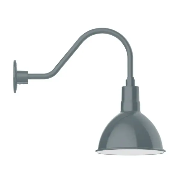 Our outdoor wall lights, inspired by 1920's industrial lighting, in classic gooseneck arm styles are great for use as sign or awning lights, garage or barn lights. This vintage look works well indoors also, our smallest sizes will illuminate a restaurant menu board, bookcase, or shelving unit. Our Deep Bowl shade, the ultimate domed reflector, is classic in shape and offers great light output. Collection: Deep Bowl Finish: Slate Gray Glass: 10 inch Deep Bowl Notes: Option (1) A19 LED and 3-Integrated 8W, 10W, 15W Width: 10.00" Height: 17.75" Length: 25.50" Weight: 4.50 lb Extension from Wall: 25.50" Canopy: 4.625" diameter Number of Bulbs: 1 Maximum Wattage: 100.00 W Bulb Type: A19 Bulb Base: E26 Medium Light Source: Incandescent or LED equivalent Dimmable Voltage: 120.00 V Country of Origin: US Safety Listing: UL/cUL Safety Rating: Wet Dark Sky LED Manufacturer Warranty: 1-year limited warranty on the fixture.