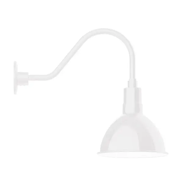 Our outdoor wall lights, inspired by 1920's industrial lighting, in classic gooseneck arm styles are great for use as sign or awning lights, garage or barn lights. This vintage look works well indoors also, our smallest sizes will illuminate a restaurant menu board, bookcase, or shelving unit. Our Deep Bowl shade, the ultimate domed reflector, is classic in shape and offers great light output. Collection: Deep Bowl Finish: White Glass: 10 inch Deep Bowl Width: 10.00" Height: 17.75" Length: 25.50" Weight: 4.50 lb Extension from Wall: 25.50" Canopy: 4.625" diameter Number of Bulbs: 1 Maximum Wattage: 10.00 W Light Source: LED Light Output: 800.00 lm Color Temperature: 3000 K CRI: 90 Dimmable Rated Average Life: 50,000 Voltage: 120.00 V Country of Origin: US Safety Listing: UL/cUL Safety Rating: Wet Dark Sky LED Manufacturer Warranty: 1-year limited warranty on the fixture.
