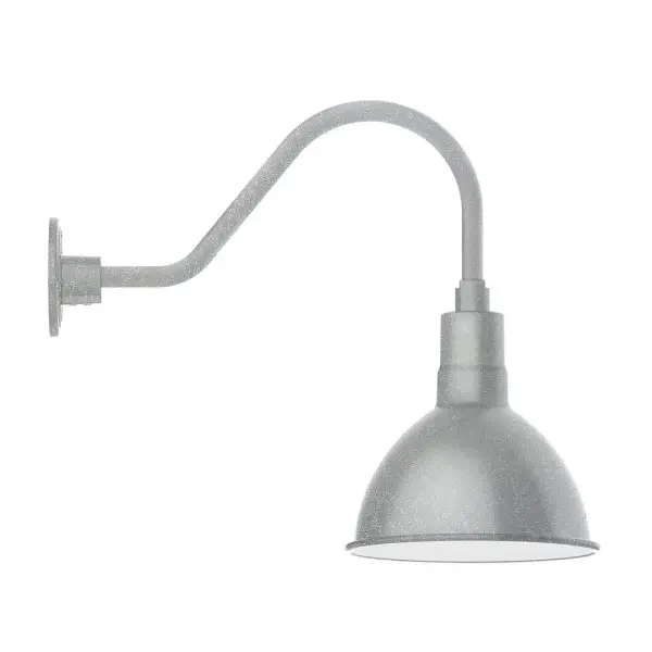 Our outdoor wall lights, inspired by 1920's industrial lighting, in classic gooseneck arm styles are great for use as sign or awning lights, garage or barn lights. This vintage look works well indoors also, our smallest sizes will illuminate a restaurant menu board, bookcase, or shelving unit. Our Deep Bowl shade, the ultimate domed reflector, is classic in shape and offers great light output. Collection: Deep Bowl Finish: Painted Galvanized Glass: 10 inch Deep Bowl Notes: Option (1) A19 LED and 3-Integrated 8W, 10W, 15W Width: 10.00" Height: 17.75" Length: 25.50" Weight: 4.50 lb Extension from Wall: 25.50" Canopy: 4.625" diameter Number of Bulbs: 1 Maximum Wattage: 100.00 W Bulb Type: A19 Bulb Base: E26 Medium Light Source: Incandescent or LED equivalent Dimmable Voltage: 120.00 V Country of Origin: US Safety Listing: UL/cUL Safety Rating: Wet Dark Sky LED Manufacturer Warranty: 1-year limited warranty on the fixture.