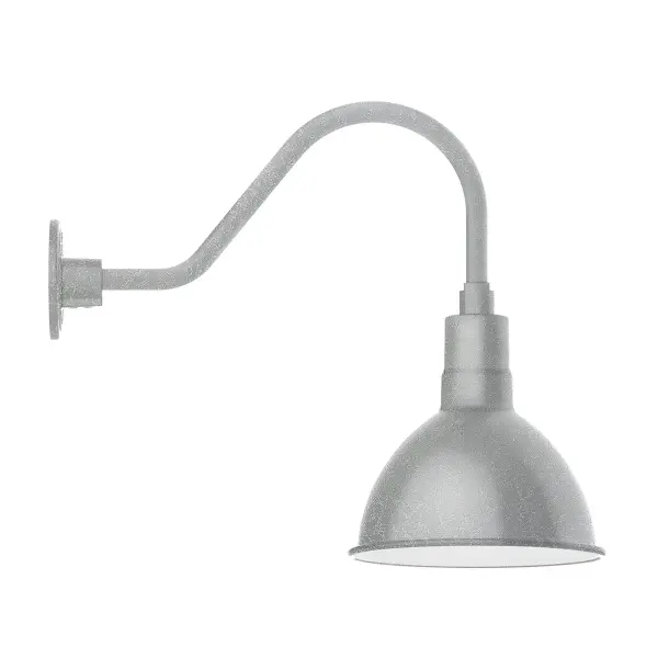 Our outdoor wall lights, inspired by 1920's industrial lighting, in classic gooseneck arm styles are great for use as sign or awning lights, garage or barn lights. This vintage look works well indoors also, our smallest sizes will illuminate a restaurant menu board, bookcase, or shelving unit. Our Deep Bowl shade, the ultimate domed reflector, is classic in shape and offers great light output. Collection: Deep Bowl Finish: Painted Galvanized Glass: 10 inch Deep Bowl Notes: Option (1) A19 LED and 3-Integrated 8W, 10W, 15W Width: 10.00" Height: 17.75" Length: 25.50" Weight: 4.50 lb Extension from Wall: 25.50" Canopy: 4.625" diameter Number of Bulbs: 1 Maximum Wattage: 100.00 W Bulb Type: A19 Bulb Base: E26 Medium Light Source: Incandescent or LED equivalent Dimmable Voltage: 120.00 V Country of Origin: US Safety Listing: UL/cUL Safety Rating: Wet Dark Sky LED Manufacturer Warranty: 1-year limited warranty on the fixture.