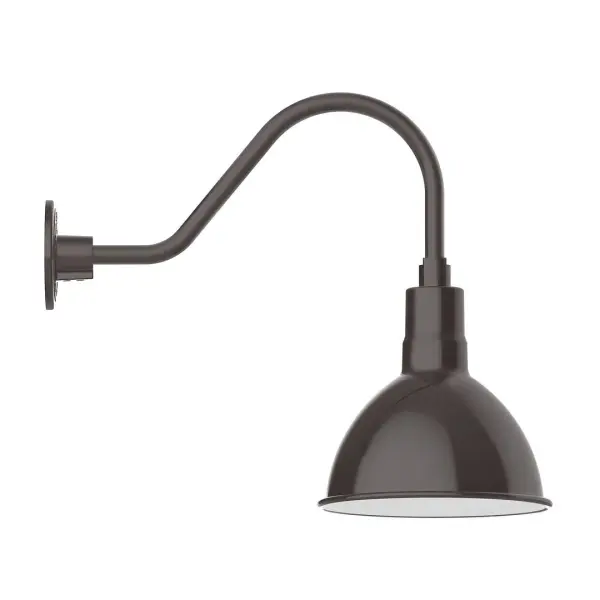 Our outdoor wall lights, inspired by 1920's industrial lighting, in classic gooseneck arm styles are great for use as sign or awning lights, garage or barn lights. This vintage look works well indoors also, our smallest sizes will illuminate a restaurant menu board, bookcase, or shelving unit. Our Deep Bowl shade, the ultimate domed reflector, is classic in shape and offers great light output. Collection: Deep Bowl Finish: Architectural Bronze Glass: Clear Glass with Cast Guard Notes: Option (1) A19 LED and 3-Integrated 8W, 10W, 15W Width: 10.00" Height: 17.75" Length: 25.50" Weight: 4.50 lb Extension from Wall: 25.50" Canopy: 4.625" diameter Number of Bulbs: 1 Maximum Wattage: 100.00 W Bulb Type: A19 Bulb Base: E26 Medium Light Source: Incandescent or LED equivalent Dimmable Voltage: 120.00 V Country of Origin: US Safety Listing: UL/cUL Safety Rating: Wet Dark Sky LED Manufacturer Warranty: 1-year limited warranty on the fixture.