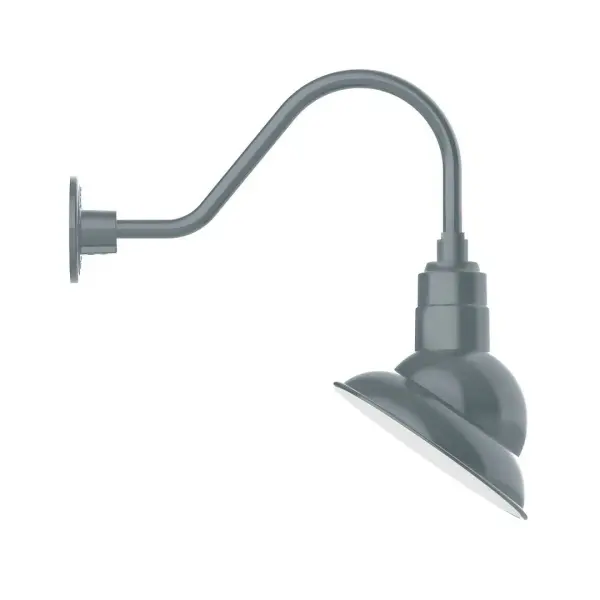 Our outdoor wall lights, inspired by 1920's industrial lighting, in classic gooseneck arm styles are great for use as sign or awning lights, garage or barn lights. This vintage look works well indoors also, our smallest sizes will illuminate a restaurant menu board, bookcase, or shelving unit. The Emblem shade is designed to illuminate the surface to which it is mounted. Collection: Emblem Finish: Slate Gray Glass: 10 inch Emblem Width: 8.50" Height: 19.50" Length: 19.75" Weight: 8.00 lb Extension from Wall: 19.75" Canopy: 4.625" diameter Number of Bulbs: 1 Maximum Wattage: 10.00 W Light Source: LED Light Output: 800.00 lm Color Temperature: 2700 K CRI: 90 Dimmable Rated Average Life: 50,000 Voltage: 120.00 V Country of Origin: US Safety Listing: UL/cUL Safety Rating: Wet Dark Sky LED Manufacturer Warranty: 1-year limited warranty on the fixture.